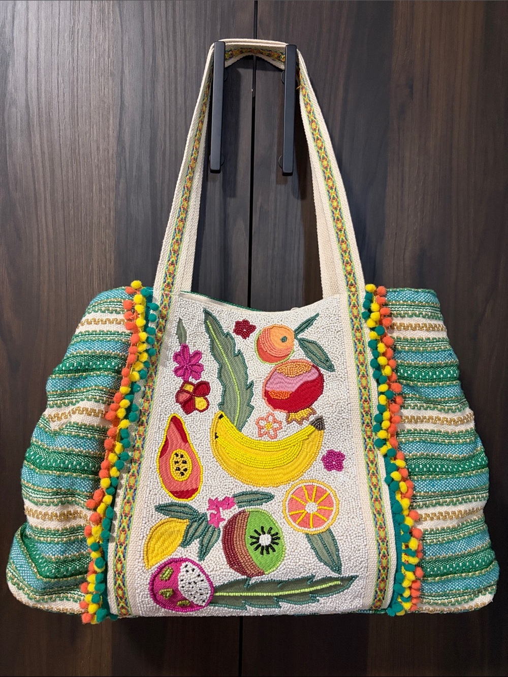 Colorful Tropical Embroidered Tote Bag - Green & Yellow